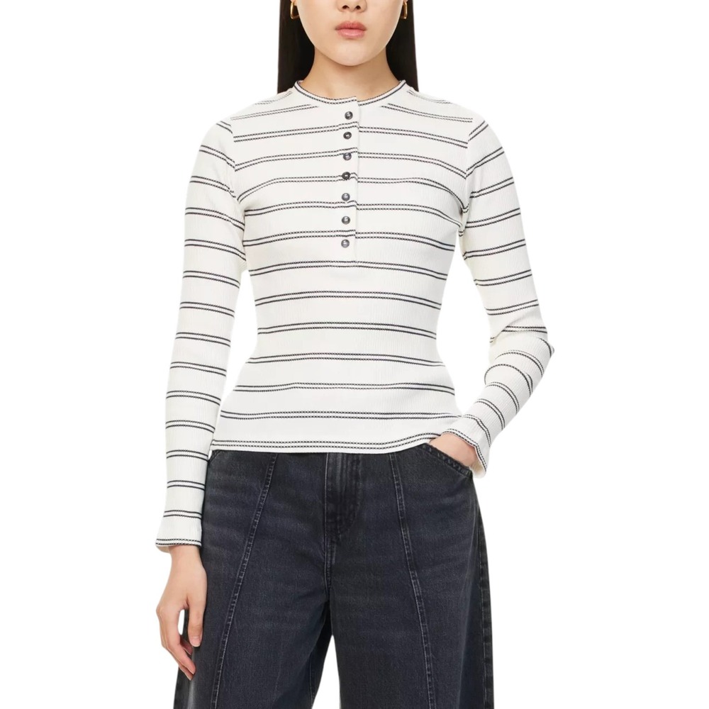 ME+EM Striped Ribbed Henley Top Cream Navy Long Sleeve Preppy Coastal US‎ 2